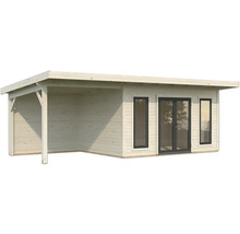 Abri de jardin en bois avec toit plat, fenêtres et espace couvert