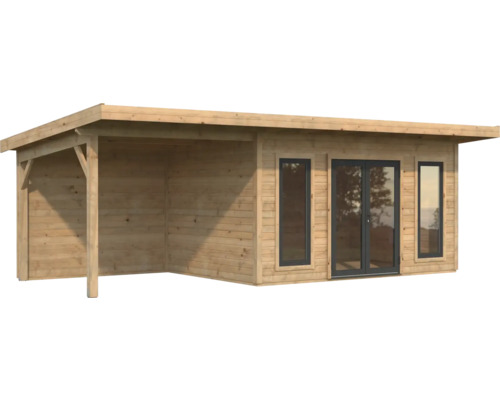 Abri de jardin en bois avec terrasse couverte et fenêtres