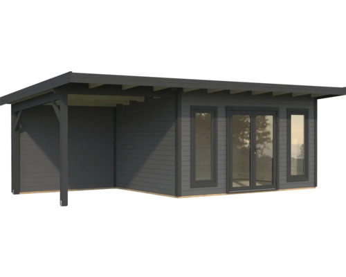 Abri de jardin avec terrasse couverte et façade en verre