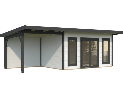 Abri de jardin en bois avec terrasse et fenêtres