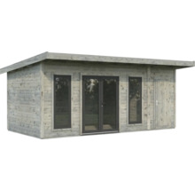 Abri de jardin en bois avec porte double, fenêtres et porte latérale