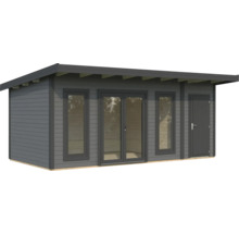 Abri de jardin moderne avec toit plat, fenêtres et porte