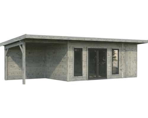 Abri de jardin en bois avec annexe, fenêtres et porte