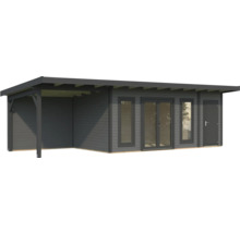 Abri de jardin avec terrasse couverte, fenêtres et porte