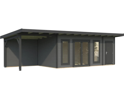 Abri de jardin avec terrasse couverte, fenêtres et porte
