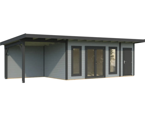 Maison de jardin en bois avec terrasse couverte, fenêtres et porte