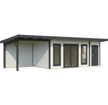 Abri de jardin moderne avec espace couvert, fenêtres et porte