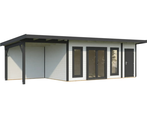 Abri de jardin moderne avec espace couvert, fenêtres et porte