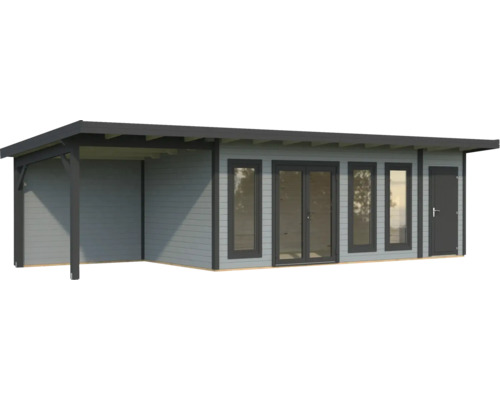 Maison de jardin avec véranda couverte, fenêtres et porte