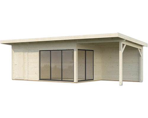 Abri de jardin en bois avec porte coulissante et terrasse couverte