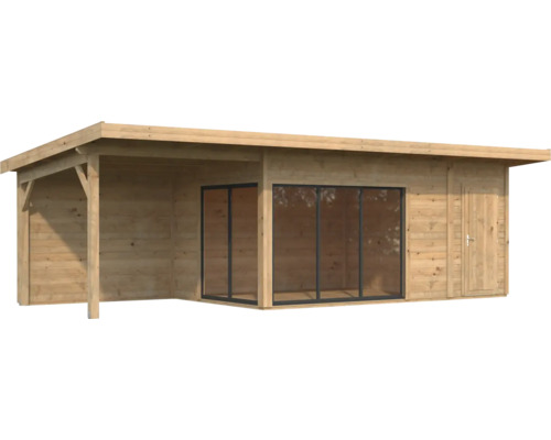 Abri de jardin avec véranda couverte, porte coulissante et porte latérale