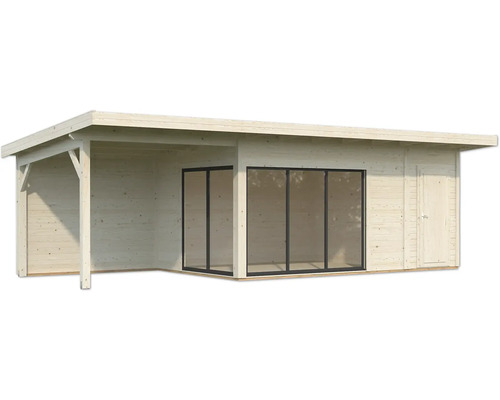 Abri de jardin en bois avec auvent, fenêtres et porte