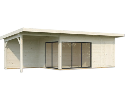 Maison de jardin en bois avec auvent et porte coulissante