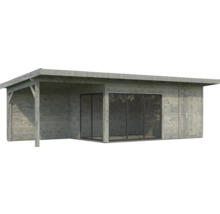 Abri de jardin en bois avec auvent, portes coulissantes et porte latérale