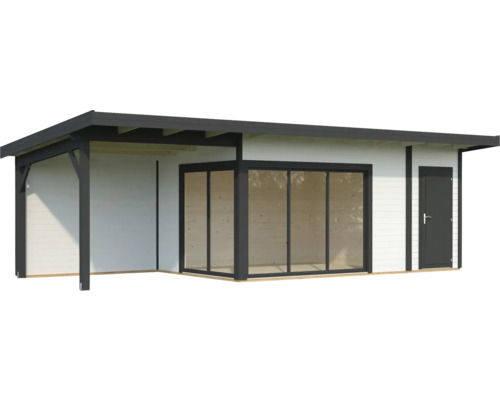 Abri de jardin avec abri voiture, véranda et portes coulissantes