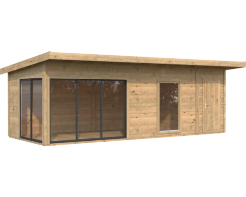 Abri de jardin avec fenêtre, portes en verre et une porte