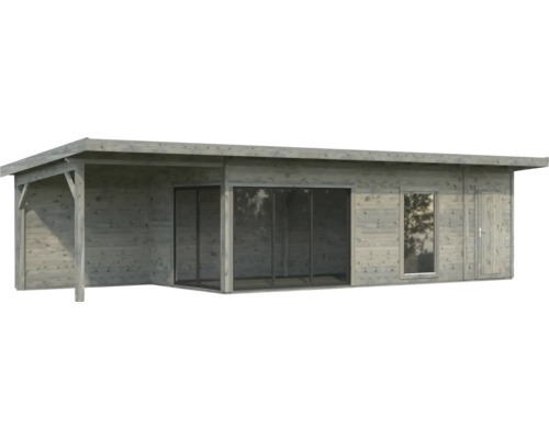 Abri de jardin en bois avec véranda, fenêtre et porte