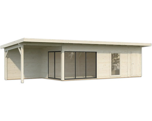 Abri de jardin en bois avec terrasse, fenêtres et porte