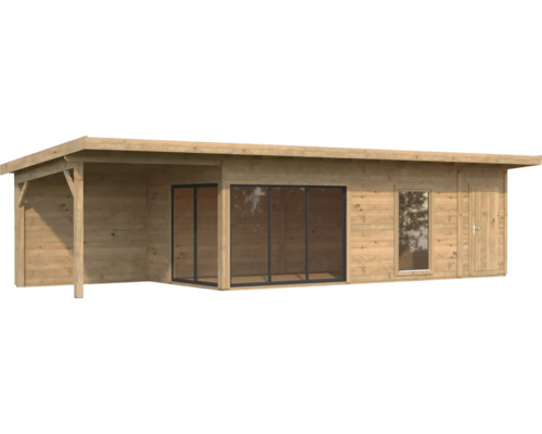 Abri de jardin en bois avec terrasse couverte, fenêtres et porte