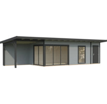 Abri de jardin avec terrasse couverte, porte coulissante et fenêtres