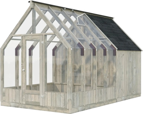 Gewächshaus mit Holzrahmen und Glasfront