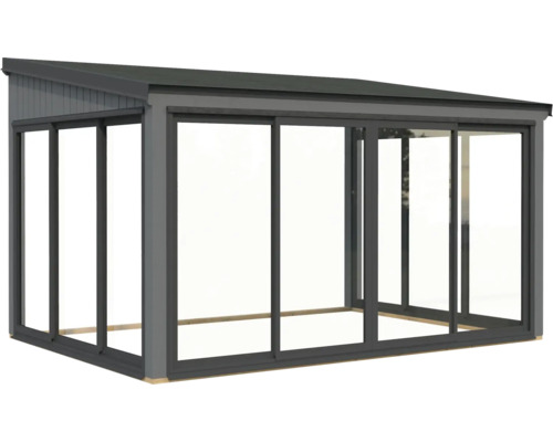 Pergola de terrasse autoportante avec portes coulissantes en verre