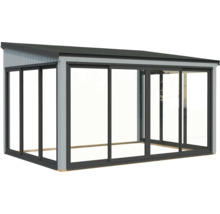 Abri de jardin moderne avec portes coulissantes et toit plat