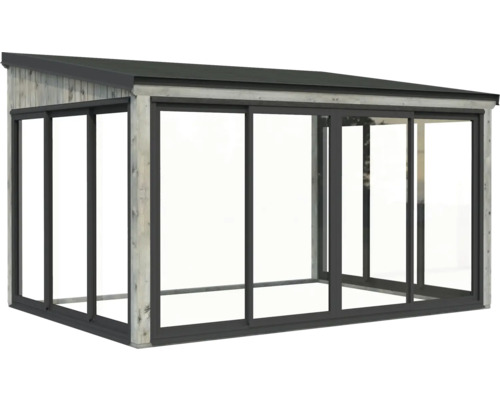 Terrasse couverte avec façades en verre et cadre en bois