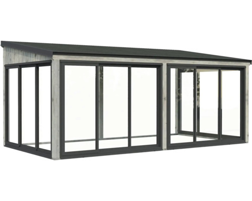 Terrasse couverte avec portes coulissantes en bois et en verre