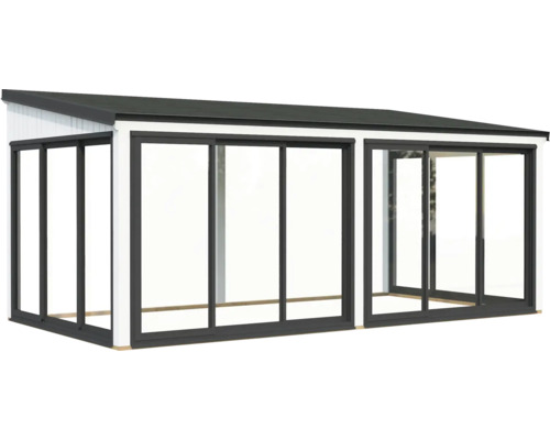 Extension en verre autoportante avec portes coulissantes pour l'extérieur.