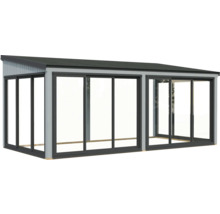 Véranda avec portes coulissantes et toit plat