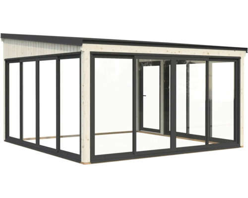 Abri de jardin moderne avec portes coulissantes et cadre en bois