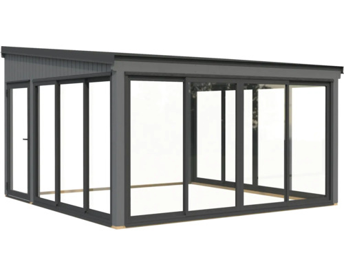 Pavillon autoportant avec portes coulissantes en verre