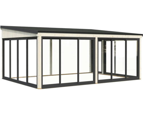 Terrasse couverte avec cadre en bois et portes coulissantes