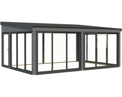 Pergola avec façade en verre et portes coulissantes pour l'extérieur