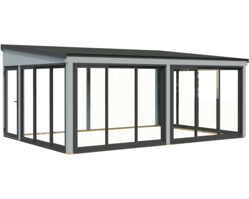 Extension en verre autoportante avec portes coulissantes pour l'extérieur.