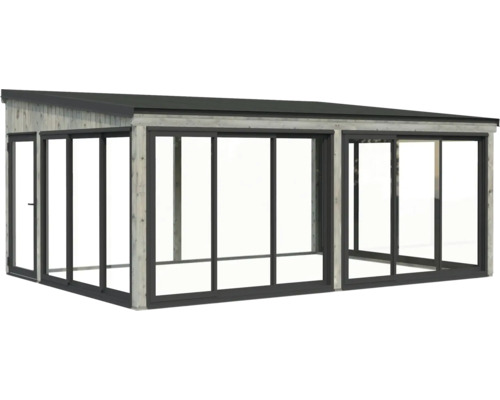 Toit de terrasse indépendant avec cadre en bois et portes coulissantes en verre