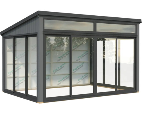 Terrasse couverte grise avec portes coulissantes en verre