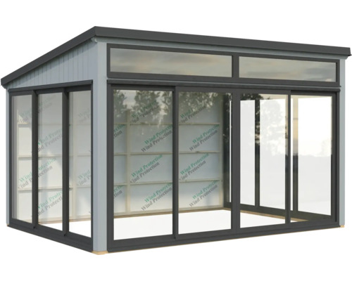 Abri de jardin avec portes coulissantes et lucarnes pour l'extérieur