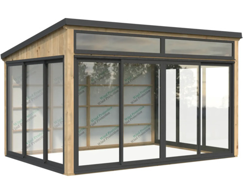 Abri de jardin avec portes coulissantes et lucarnes