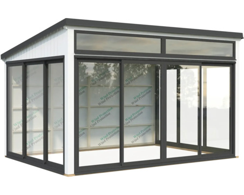 Abri de jardin avec portes coulissantes et façade vitrée