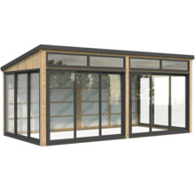 Abri de jardin en bois avec de grandes portes coulissantes en verre