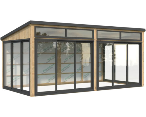 Abri de jardin en bois avec de grandes portes coulissantes en verre