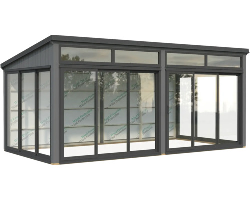 Serre avec portes coulissantes et cadre gris