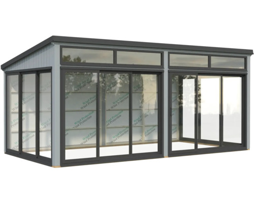 Abri de jardin avec portes coulissantes et fenêtres pour l'extérieur