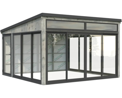 Abri de jardin avec portes coulissantes en verre et revêtement en bois