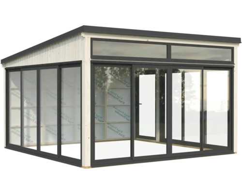 Maison de jardin en bois avec portes coulissantes en verre et fenêtres de toit pour l'espace jardin