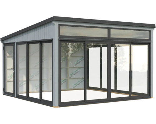 Abri de jardin avec façade en verre et portes coulissantes