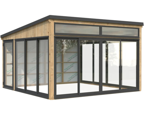 Pavillon de jardin avec cadre en bois et portes coulissantes en verre