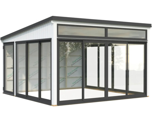 Abri de jardin avec portes coulissantes et lucarnes pour l'extérieur